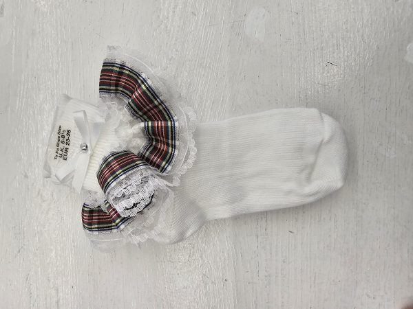 Handmade One Pair Tartan Ribbon White Sock