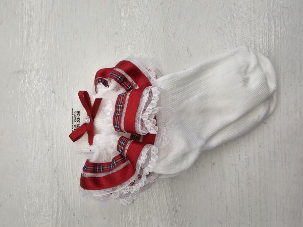 Handmade One Pair Red Tartan Ribbon White Sock