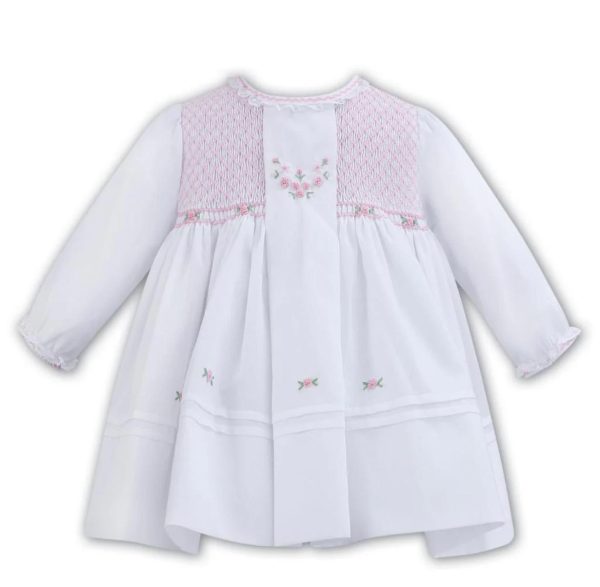 Sarah Louise C7002x White & Pink Smocked Long Sleeve Dress