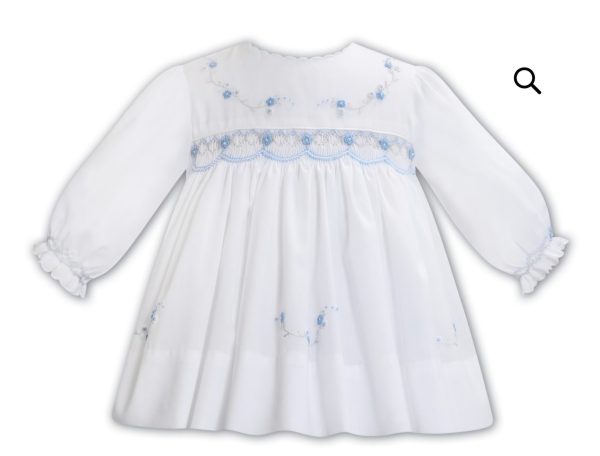 Sarah Louise 013362 White & Blue Smocked Long Sleeve Dress