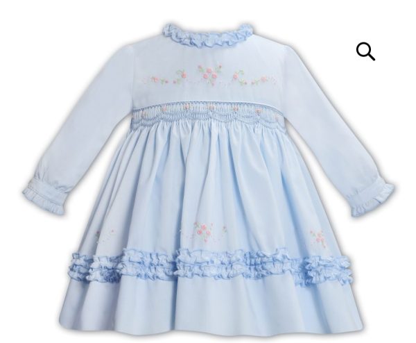 Sarah Louise 013375 Blue Smocked Long Sleeve Dress