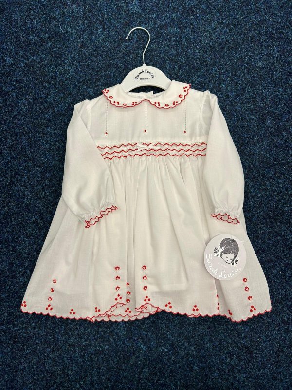 Sarah Louise 013350 White & Red Smocked Long Sleeve Christmas Dress