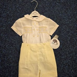 Sarah Louise 013554 Boy's White/Lemon Smocked Easter 2 Piece Set