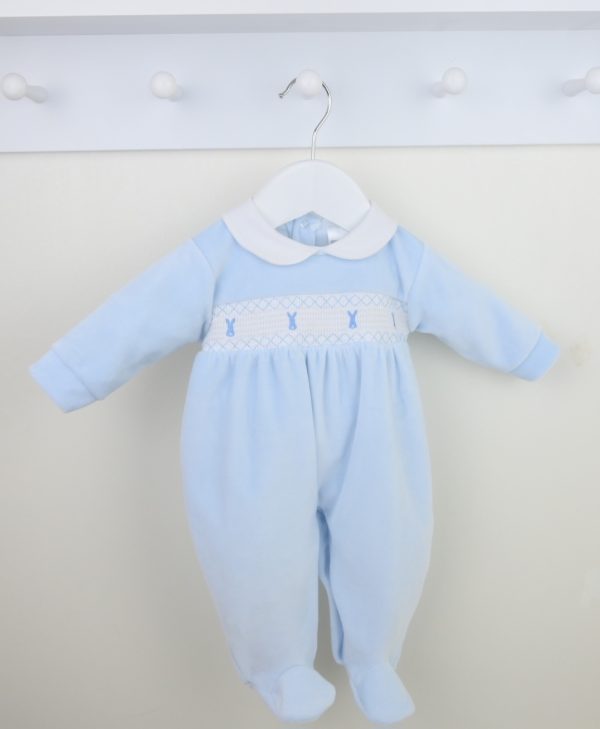 Pex 0915 Bunny Blue Velour Sleepsuit Sizes 3M or 6M